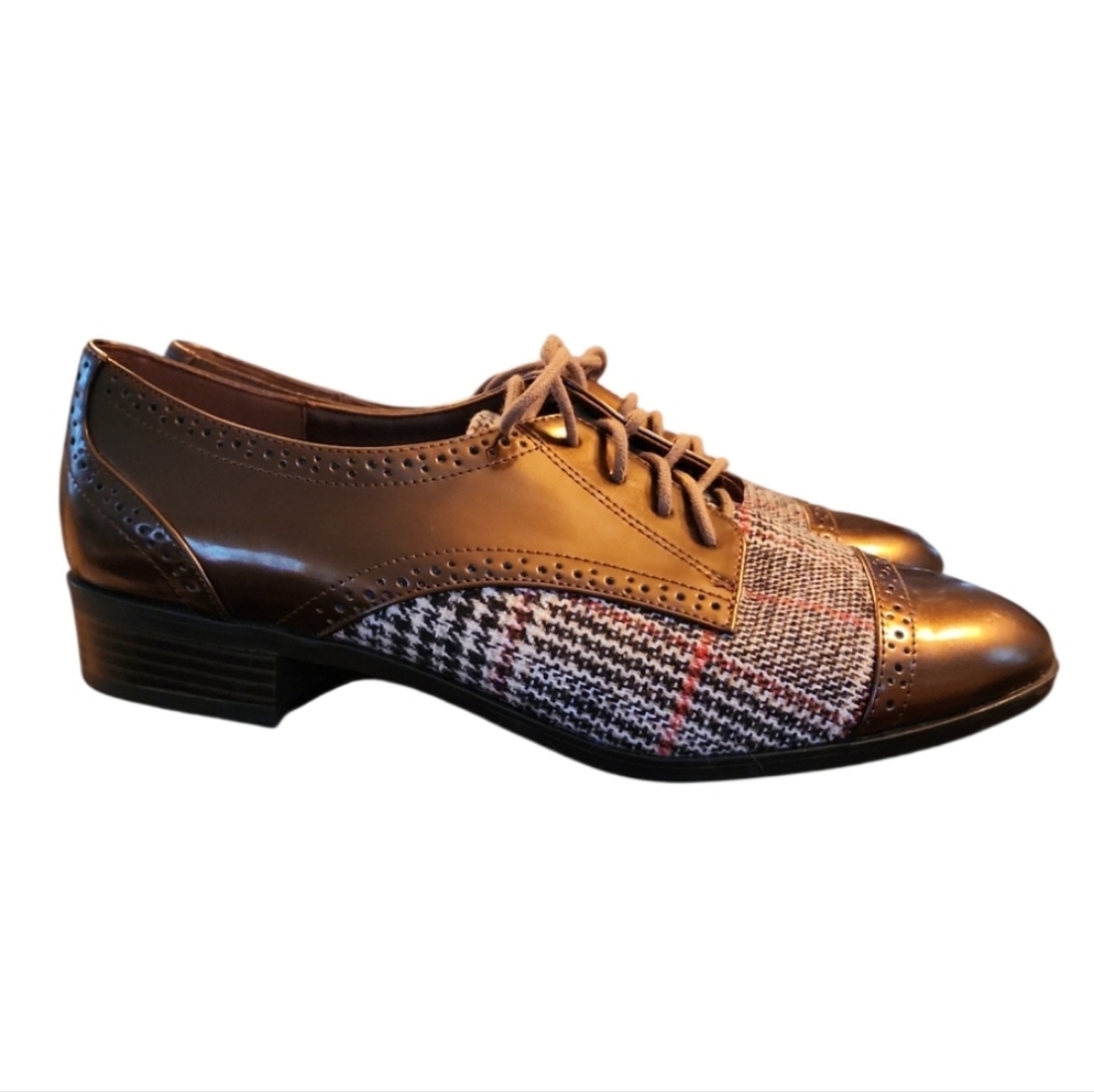 Anne Klein Louisa Classic Brown Plaid Oxford shoes Women's Size 10 M Houndstooth
